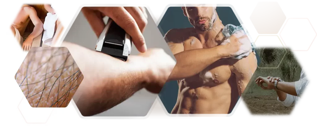Bildkollage mit einem Rasierer am Arm und Bildern von gepflegter Haut auf dem Arm beim Mann